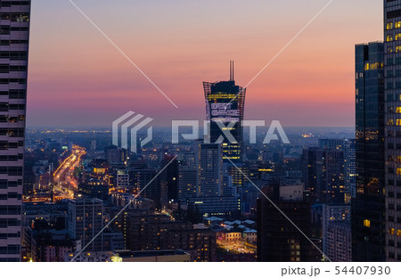 Modern skyscraper in Warsaw after sunset, Poland 54407930