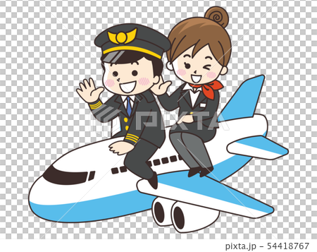 飛行機にまたがるパイロットの男性とcaの女性のイラスト素材