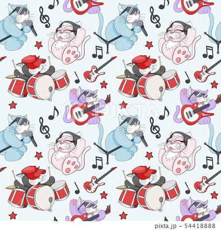 Seamless pattern with cute cartoon musican kittens on white background Seamless pattern with cute cartoon musican kittens on white background 54418888