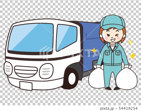 ゴミ清掃員の女性とゴミ収集車のイラスト素材