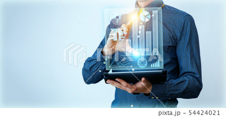 Businessman interacts with virtual screen, analyze data. Banner with innovation graphs interfaces. 54424021