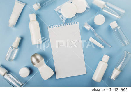 Travel small bottle set on blue background. Top Travel small bottle set on blue background. Top 54424962