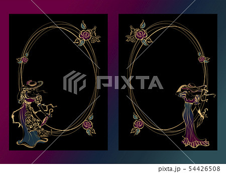 Frame, postcard. Vintage girls in hats with 54426508