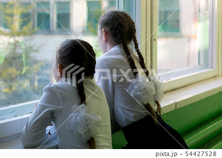 Girls schoolgirls look out the window into 54427528