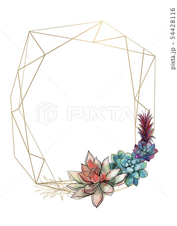 Gold geometric frame with succulents. Invitation. 54428116