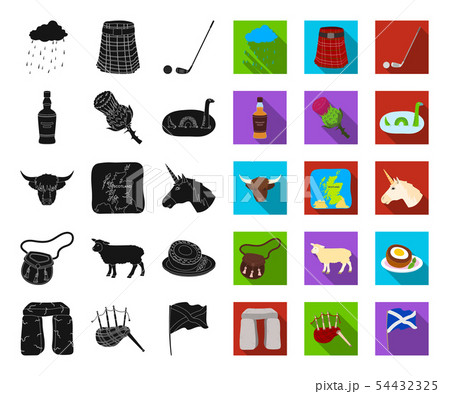 Country Scotland black,flat icons in set collection for design. Sightseeing, culture and tradition Country Scotland black,flat icons in set collection for design. Sightseeing, culture and tradition 54432325