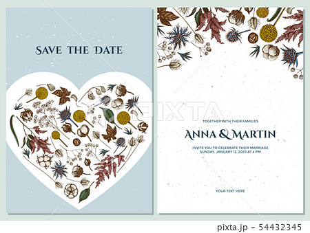Wedding invitation card with colored astilbe, craspedia, blue eryngo, lagurus, cotton, gypsophila 54432345