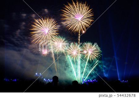 Colored firework background with free space. 54432678