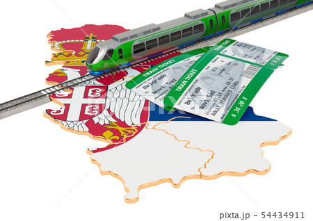 Rail travel in Serbia, concept. 3D rendering Rail travel in Serbia, concept. 3D rendering 54434911