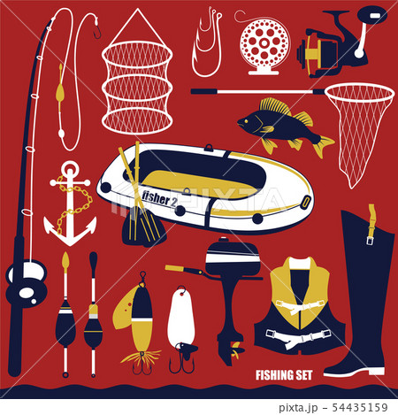 Fishihg icon set on red. 54435159