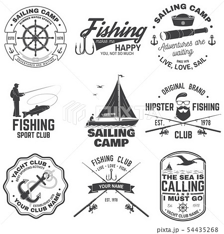 Set of sailing camp and fishing club badges. Vector. Concept for shirt, print, stamp or tee. Vintage Set of sailing camp and fishing club badges. Vector. Concept for shirt, print, stamp or tee. Vintage 54435268