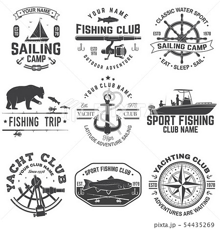 Set of sailing camp and fishing club badges. Vector. Concept for shirt, print, stamp or tee. Vintage Set of sailing camp and fishing club badges. Vector. Concept for shirt, print, stamp or tee. Vintage 54435269