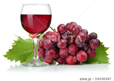 Red grapes and glass of wine with leaves isolated Red grapes and glass of wine with leaves isolated 54436387