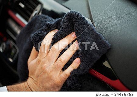 Clining car. Person cleaning car with microfiber clot and maintaining shine 54436768