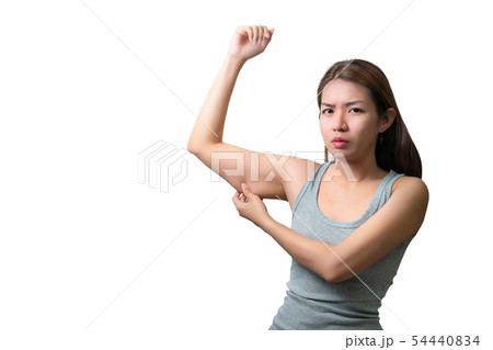 Asian woman pinching arm fat flabby skin isoloate Asian woman pinching arm fat flabby skin isoloate 54440834