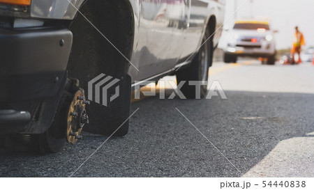 Close up of wheel car have problem on highway 54440838