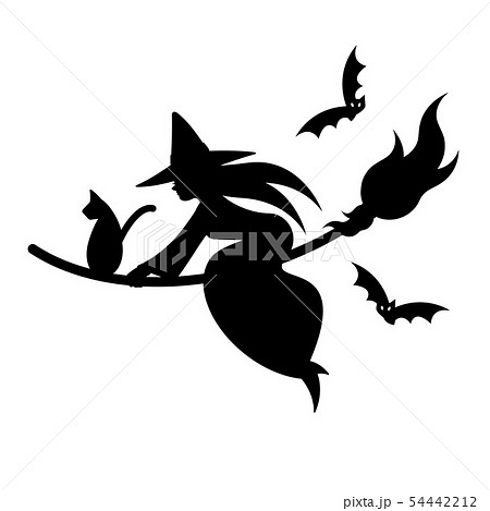Silhouette of witch&cat on broom with flying bats 54442212