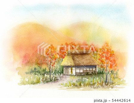 田舎の景色 秋 水彩画のイラスト素材