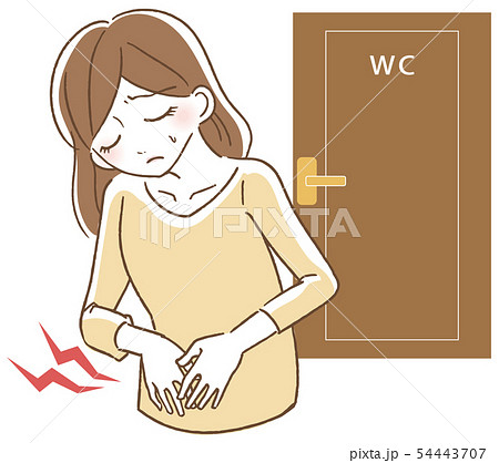 腹痛で悩む女性　トイレ前　イラスト 54443707