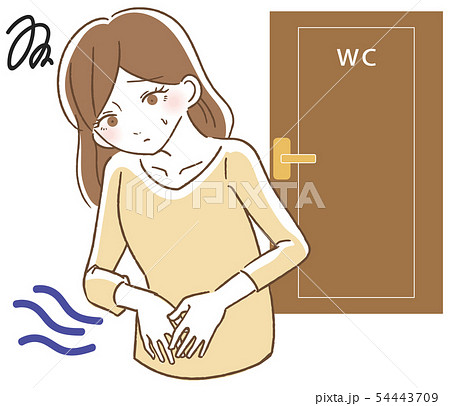 便秘で悩む女性　トイレ前　イラスト 54443709
