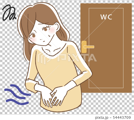便秘で悩む女性　トイレ前　イラスト 54443709