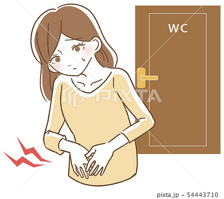 腹痛で悩む女性　トイレ前　イラスト 54443710