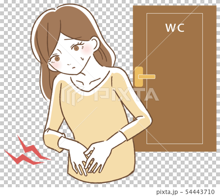 腹痛で悩む女性　トイレ前　イラスト 54443710