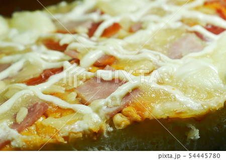 close up of bread topping slice pork sausage close up of bread topping slice pork sausage 54445780