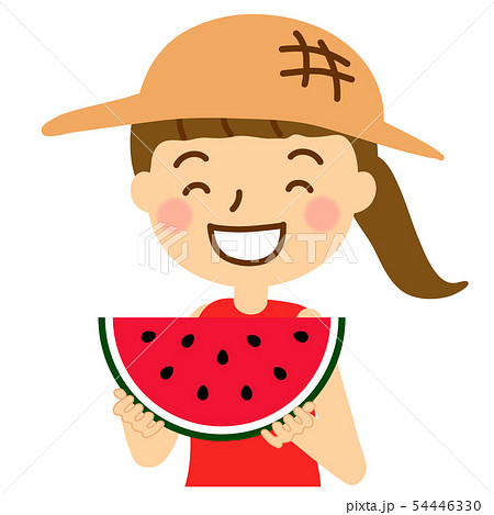 スイカ半月女の子麦わら帽子赤色ワンピース上半身のイラスト素材