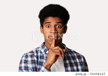Silent Afro Guy Making Hush Gesture, White Background 54448147