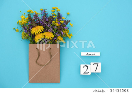 Wooden cubes calendar August 27 and field colorful 54452508