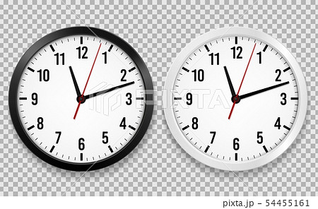 Realistic office clock. Wall round watches with time arrows and clock face isolated 3d vector black 54455161