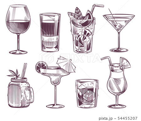 Sketch cocktails. Hand drawn cocktail and alcohol drink, different drinks in glass for party 54455207