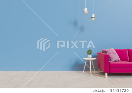 3d illustration of a living room with a fabric sofa against the background of an empty wall and 3d illustration of a living room with a fabric sofa against the background of an empty wall and 54455720
