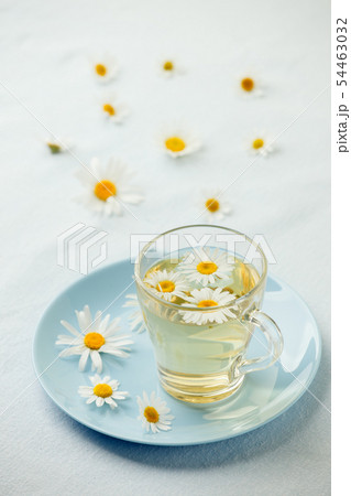 Herbal tea with fresh chamomile flowers in glass 54463032