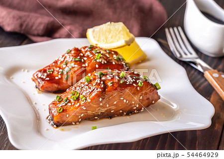 Teriyaki salmon on the white plate 54464929