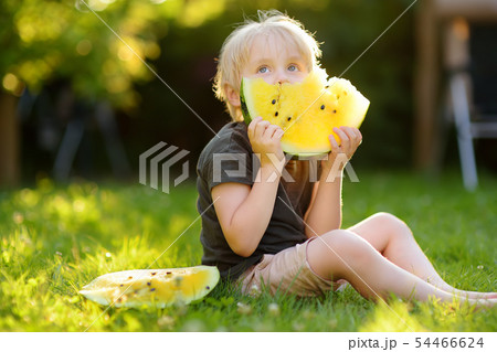 Caucasian little boy with blond hairs eating 54466624