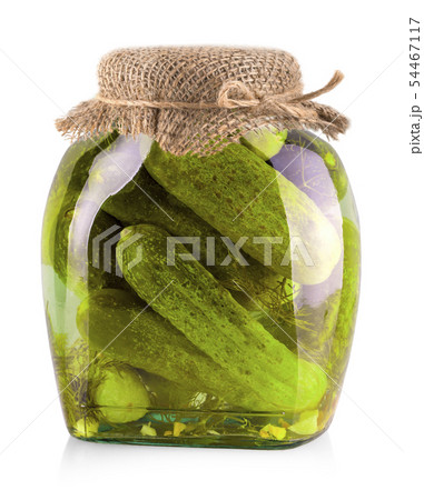 The jar of canned cucumbers isolated on white 54467117