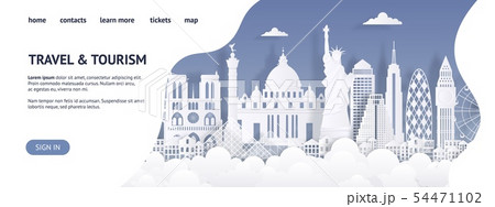 Travel and tourism landing page template. Paper cut landmarks web page. Travel the world website 54471102