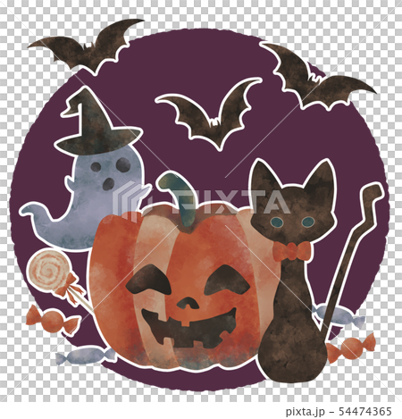 ハロウィン ジャックオランタン オバケ 黒猫 お菓子 背景付きのイラスト素材