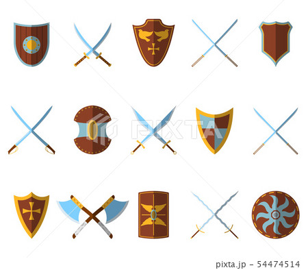 Set of Medieval Shield and Weapon Icon and Label. Set of Medieval Shield and Weapon Icon and Label. 54474514