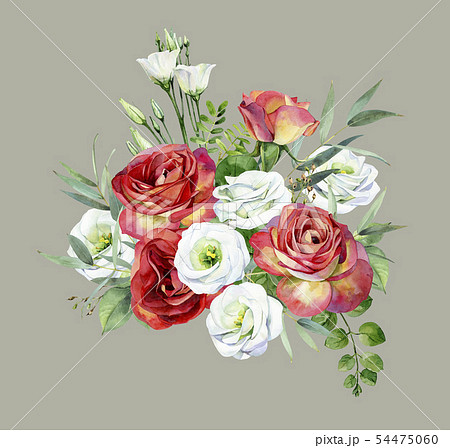 Bouquet Of Watercolor Red Roses And Eustomaのイラスト素材