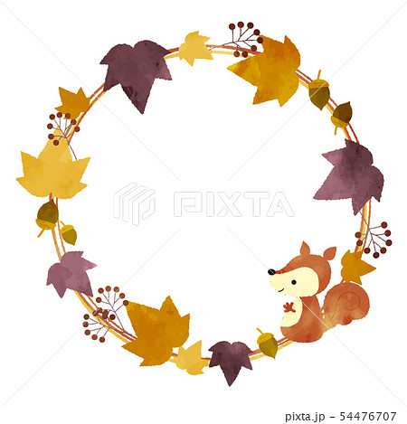 葉っぱとリスの秋フレーム 水彩風 葉っぱとリスの秋フレーム 水彩風 54476707