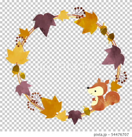 葉っぱとリスの秋フレーム 水彩風 葉っぱとリスの秋フレーム 水彩風 54476707