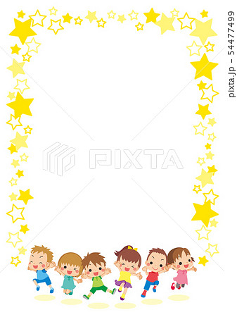 夏服で元気にジャンプする子供たち 星のフレーム 縦 のイラスト素材