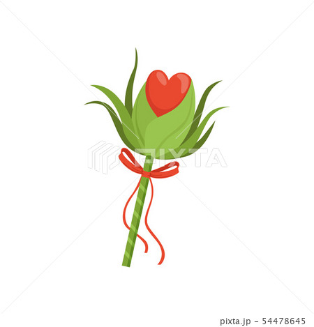 Forest fairy s wand with green leaves, red heart and bow with ribbons. Stick with magical power Forest fairy s wand with green leaves, red heart and bow with ribbons. Stick with magical power 54478645