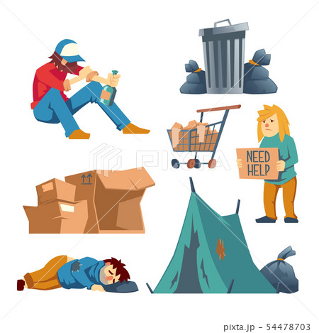 Homeless people cartoon vector characters set 54478703