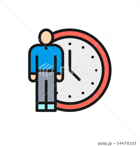 Vector human with clock, time management flat color line icon. 54479105
