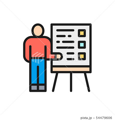 Vector man with presentation, teacher, seminar flat color line icon. 54479606
