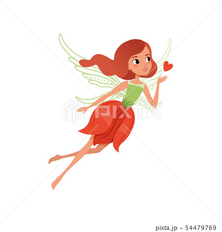 Cartoon fairy with red hair and flower shaped dress. Beautiful mythical creature with magic wings Cartoon fairy with red hair and flower shaped dress. Beautiful mythical creature with magic wings 54479769